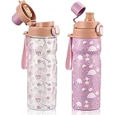 PIQUEBAR Kids insulated Water Bottle 17oz & Sport Water Bottle 24oz Set, Stainless Steel Metal Vacuum Water Bottles, Leakproof Tritan Sport Water Bottles for School Boys Girls, Pink Jellyfish