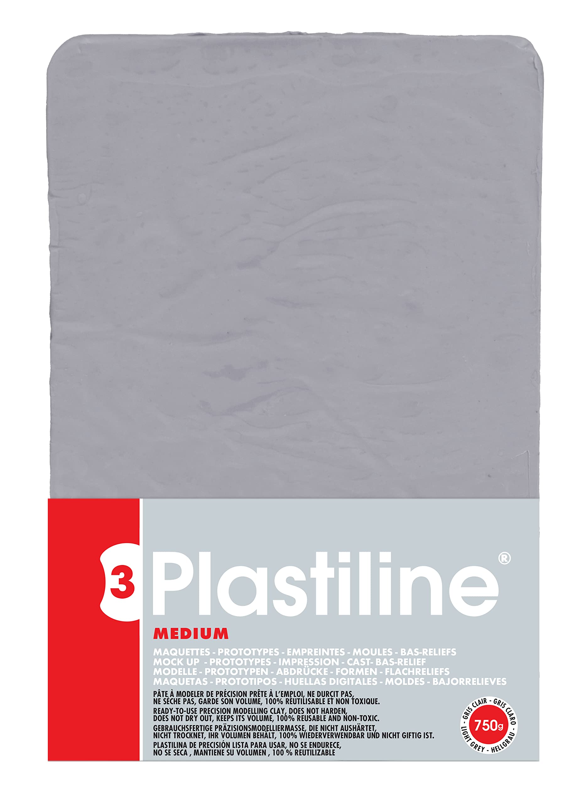Plastiline 7655T - Plastiline sheet - Modelling Clay, High Precision - Sculpting, Moulding - Hardness 3 (medium) - 750g - Light Grey shade. Made in France