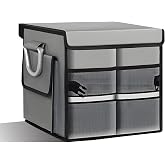 Wogomz Car Trunk Organizer with Lid, 28L 2-Compartment Collapsible Trunk Cargo Storage Box, Waterproof Oxford Vehicle Backseat Storage Organizer with Base Plate &amp; Metal Handle, Car Accessories (Gray)