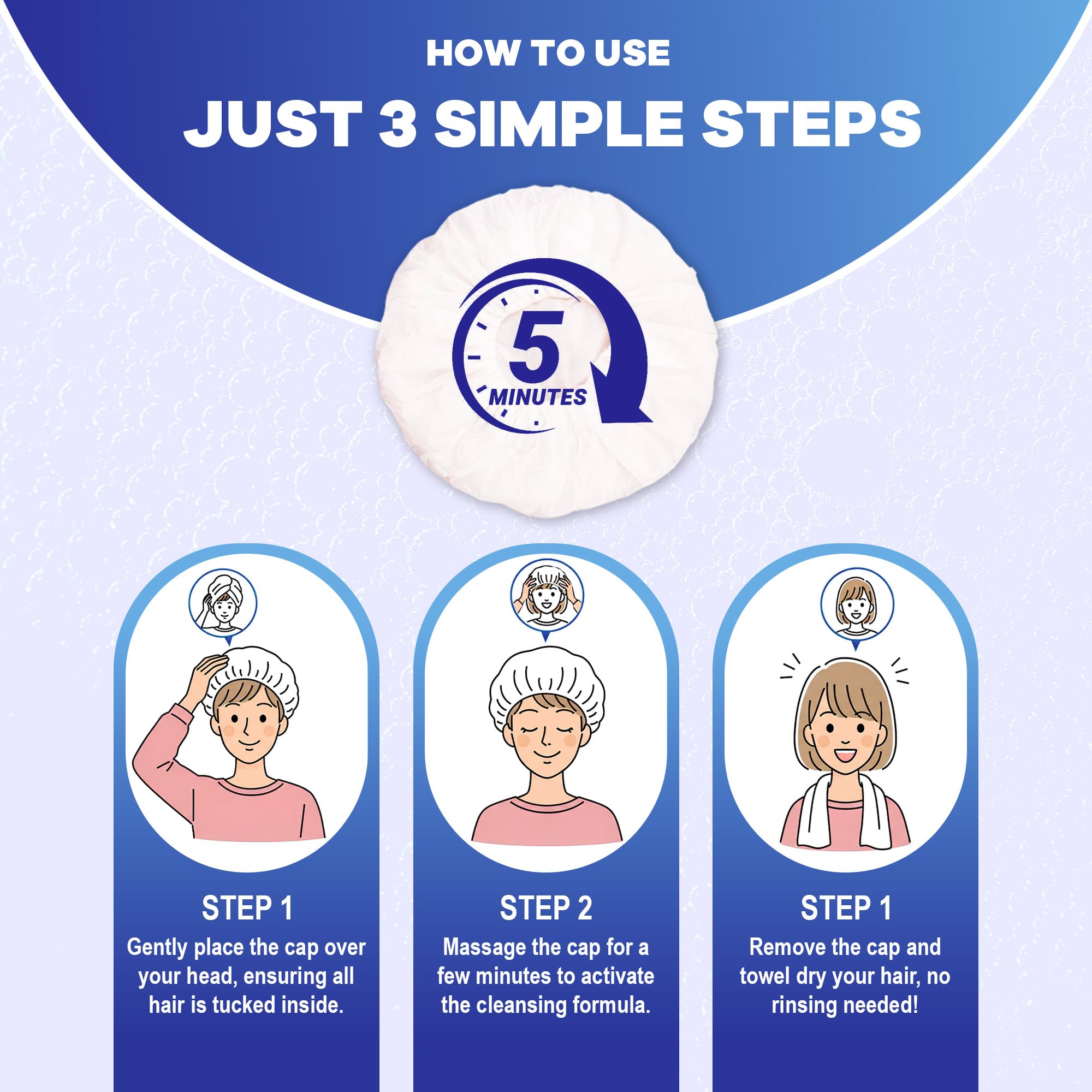 MedVance No Rinse Shampoo Cap | Rinse Free Shower Cap that Shampoos & Conditions | PH Balanced & Hypoallergenic Waterless Hair Wash | 3 Pack