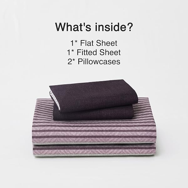8HMOON STRIPED BED SHEET SET SOFT MICROFIBER WRINKLE FREE FULL SHEET SET – 1 FITTED SHEET, 1 FLAT SHEET AND 2 PILLOWCASES – ELASTIC DEEP POCKET 4 PIECE BEDDING SET (PURPLE, FULL)