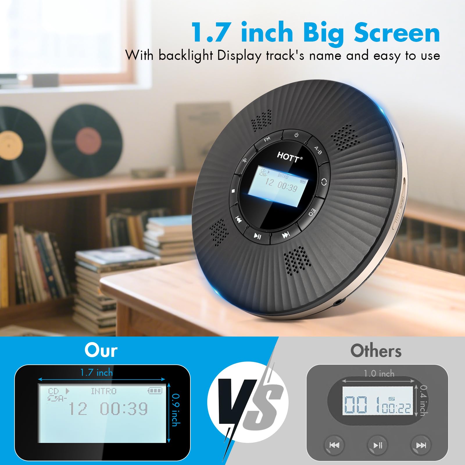 HOTT Portable CD Player Built-in 4 Speakers Stereo Sound,Bluetooth 5.3 Anti Skip CD Player,FM Transmitter,A-B Repeat AUX Cable Rechargeable 1800mAh Small CD Players for Car