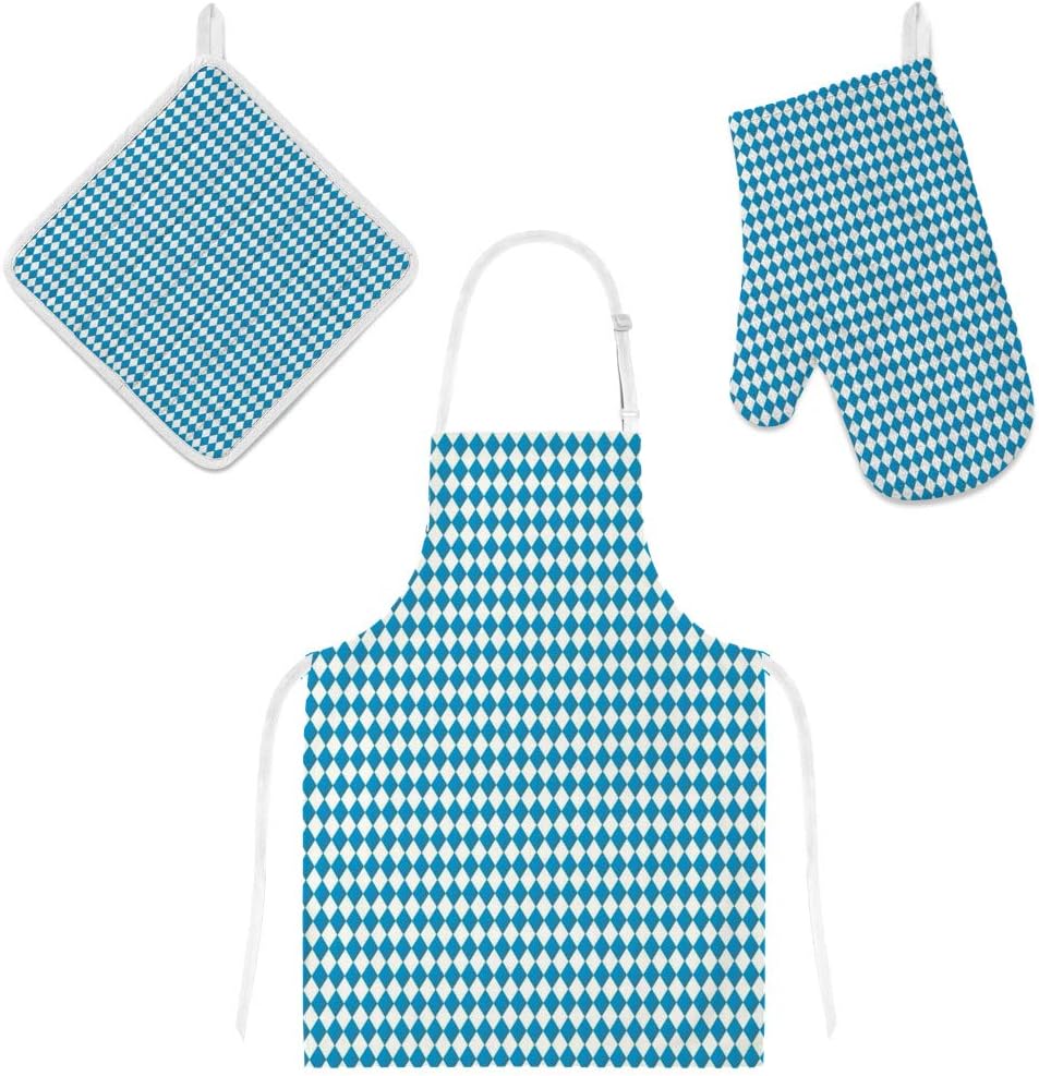 Lafle Oven Gloves Insulation Pad Apron Blue White Checkered Pattern Polyester Three-piece Heat-resistant Non-slip Restaurant Kitchen Chef Cooking BBQ Baking