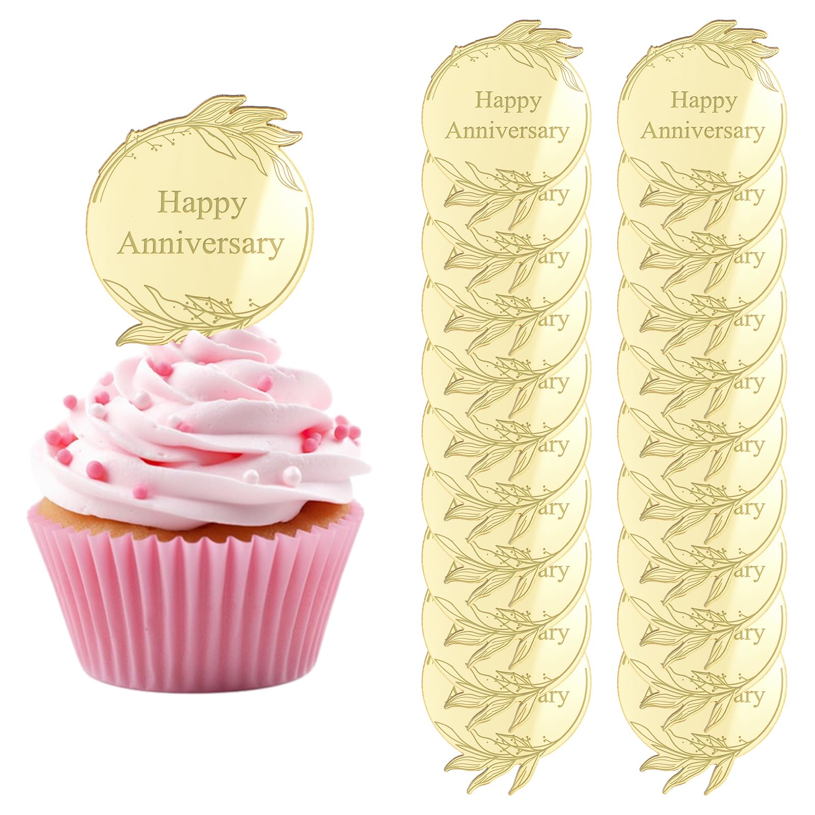 URROMA Happy Anniversary Acrylic Cupcake Toppers, 20Pcs Round Cake Discs Mirror Acrylic Cake Picks Cake Topper Acrylic Cake Charm Cake Decoration Party Supplies