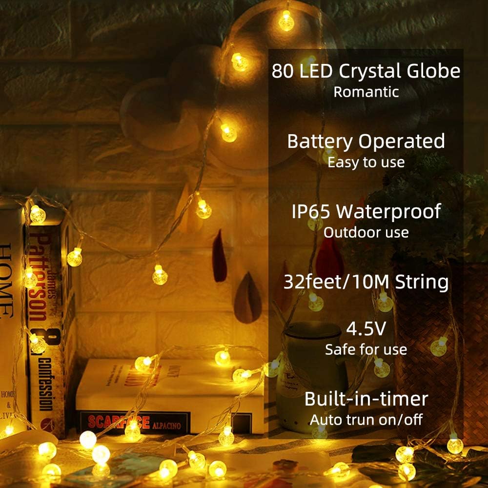 Metaku Globe String Lights Fairy Lights Battery Operated 33ft 80LED String Lights with Remote Waterproof Indoor Outdoor Hanging Lights Decorative Christmas Lights for Home Party Patio Garden Wedding : Garden & Outdoor