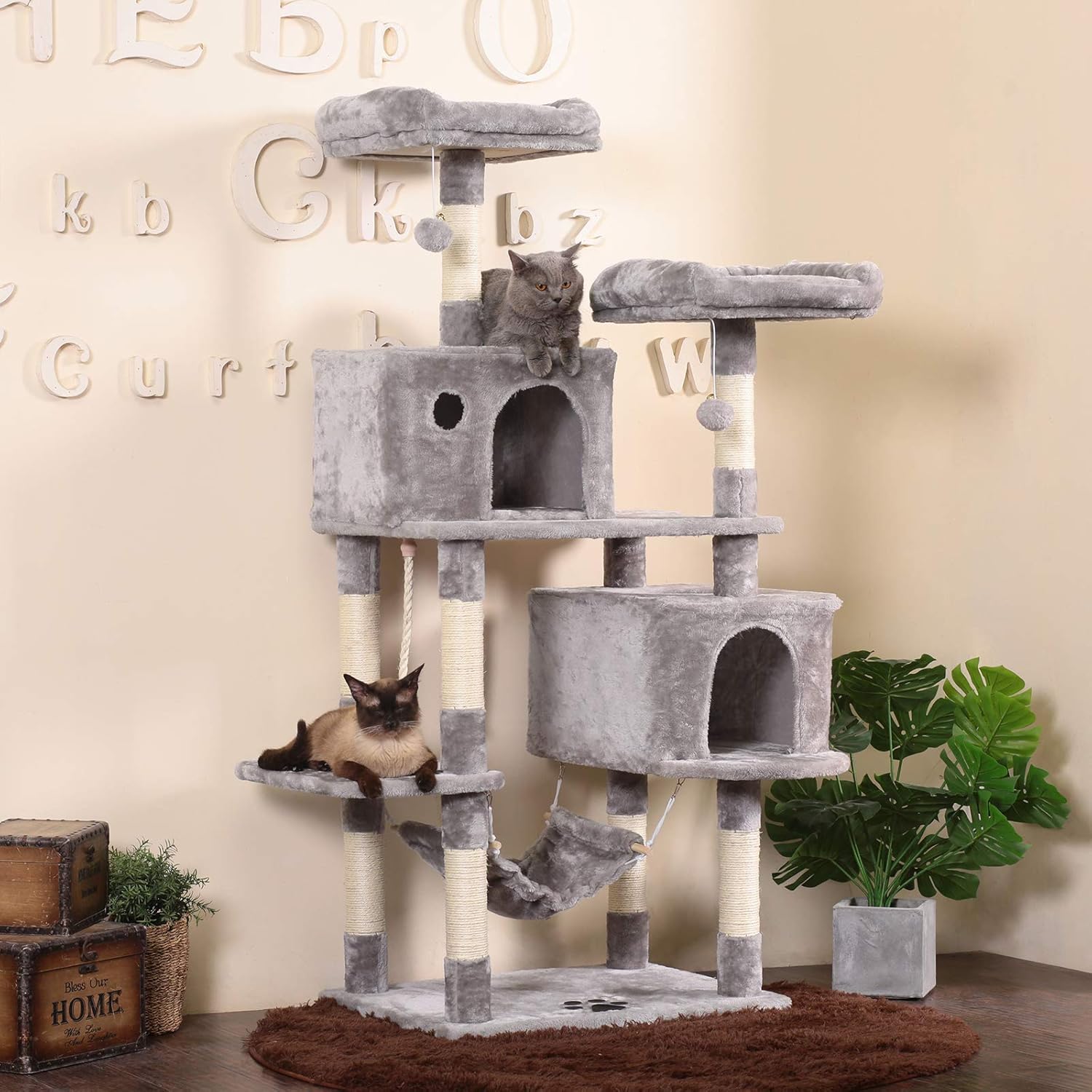 Hey-brother Large Multi-Level Cat Tree Condo Furniture with Sisal-Covered Scratching Posts, 2 Bigger Plush Condos, Perch Hammock for Kittens, Cats and Pets Light Gray MPJ020W : Pet Supplies