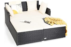 HAPPYGRILL Outdoor Daybed Rattan Wicker Patio Daybed with Padded Cushions Pillows and Sturdy Aluminum Foot, Patio Sofa Furniture Set for Garden Porch Poolside