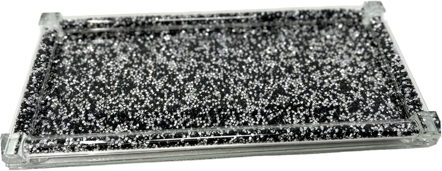 Crushed Diamond Glass Sparkle Ornament, Bling Gift, Home Decor, Black and Silver Kitchen Tray Organiser Rack