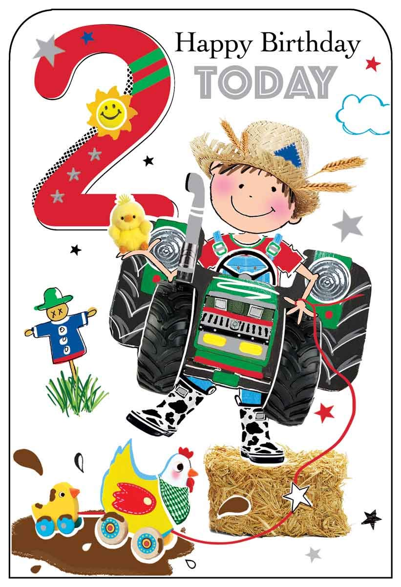 Jonny Javelin Boy Age 2 Birthday Card -Tractor Farm Animals