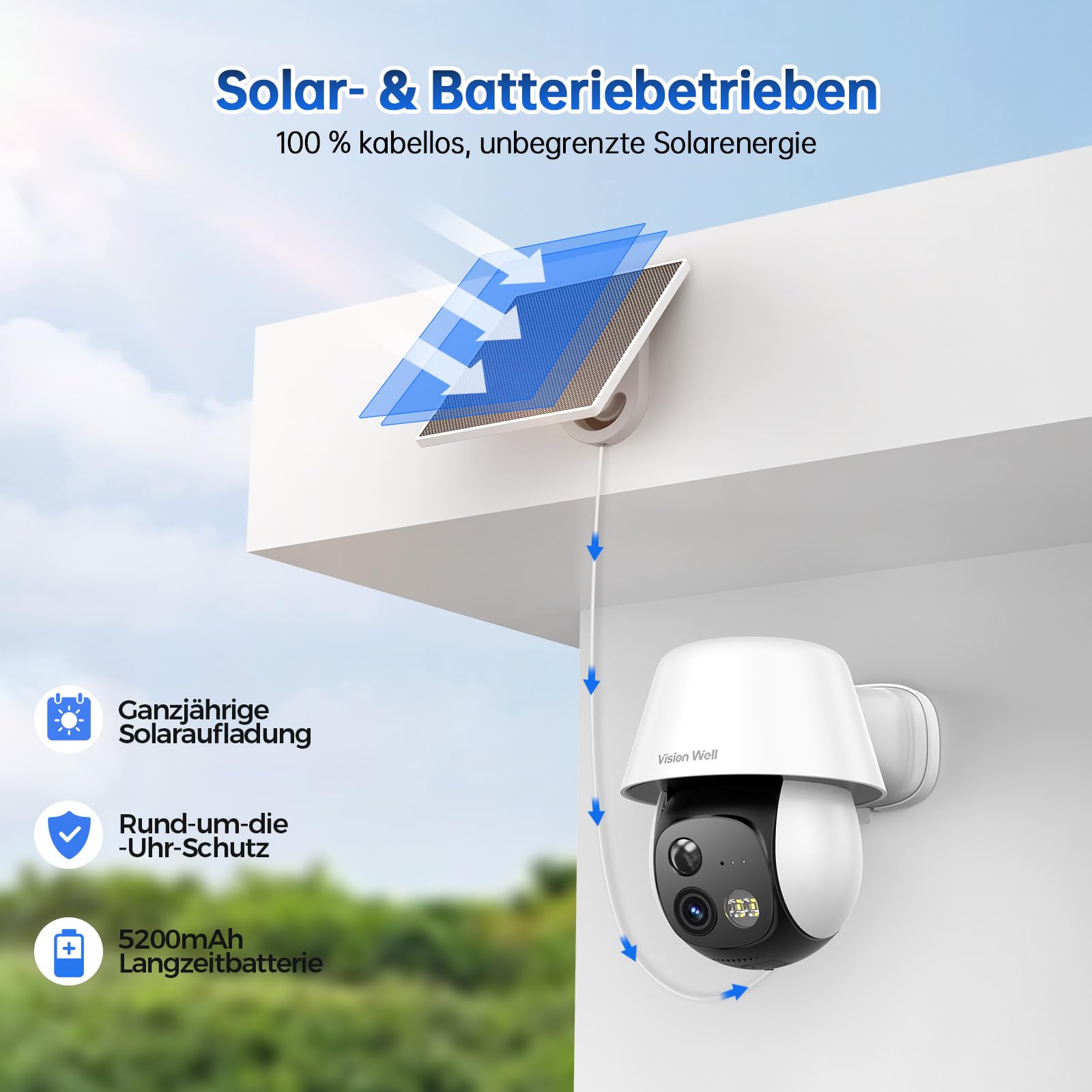 VISION WELL Solar Überwachungskamera Aussen, 2K 360° PTZ WLAN IP Kamera Kabellos, PIR Personenerkennung, Farbnachtsicht, Sirene & Lichtalarm, 2-Wege-Audio, IP65 Wetterfest, SD/Cloud 3