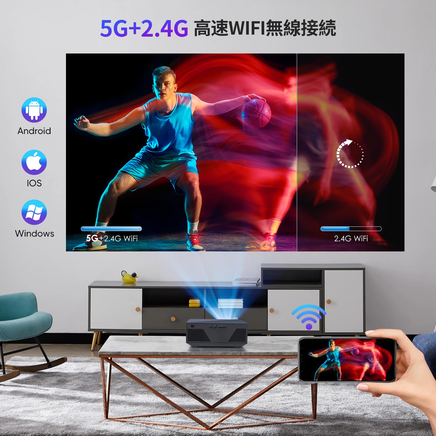 ZDK Projector with Bluetooth 5.0 & 5 GWIFI 1080P Full HD High Brightness Small Projector, Home Use, Mini Lightweight, Projector, Ceiling, 20,000 Lumens, 4K Compatible, Home Theater, Connects to iOS,