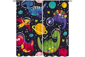 FOCUSBRITE Kids Dino Outer Space Curtains, Cute Cartoon Dinosaur Starry Star Curtains for Boys Girls Bedroom Living Study Baby Room, Rod Pocket Window Drapes Set 2 Panels, 42x45 Inches, Style-1