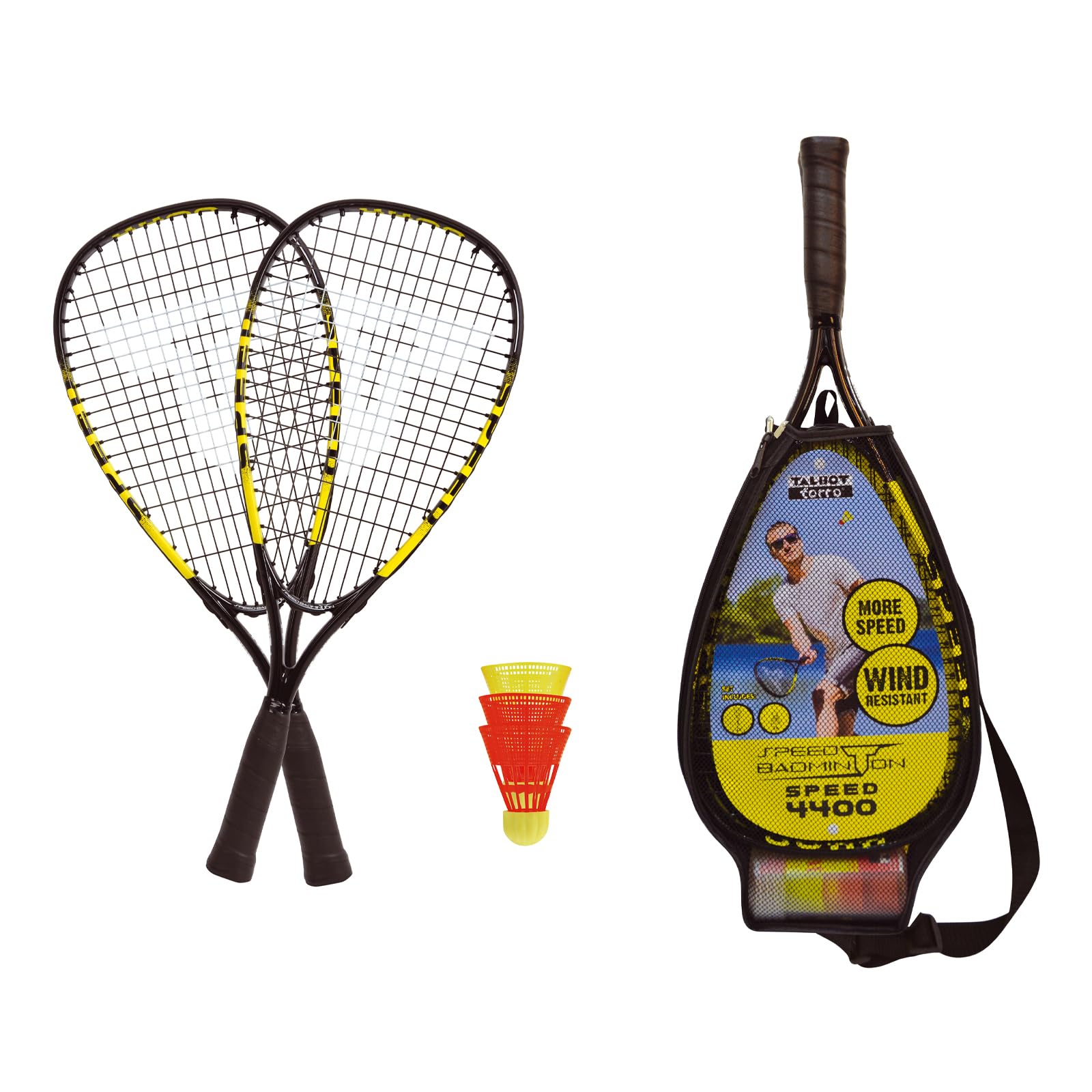 Talbot-Torro Speed ​​4400 Speed Badminton Set, 2 x 54.5 cm Aluminum Rackets, 3 Wind Resistant Shuttlecocks, in a 3/4 Bag, Yellow/Black, 490114