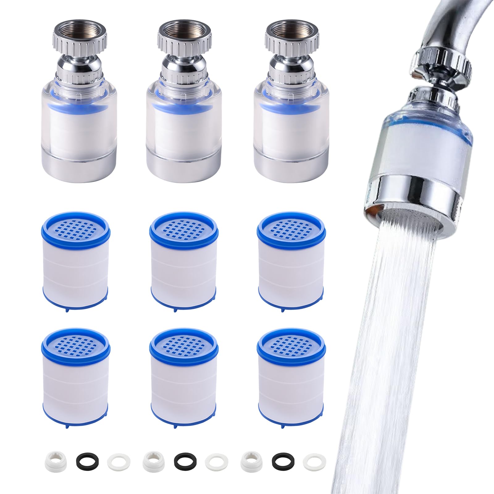 3 Pieces Limescale Filter Kitchen Tap 360° Rotatable Transparent with 6 PP Cotton Filter Elements for Home, Kitchen, Bathroom, Sink