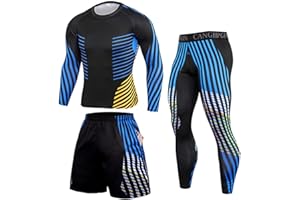 Sinzelimin 3Pcs Men's Compression Workout Clothes Long Sleeve Shirt Pants Shorts Suit Fitness Sports Jersey Tops & Bottom Set