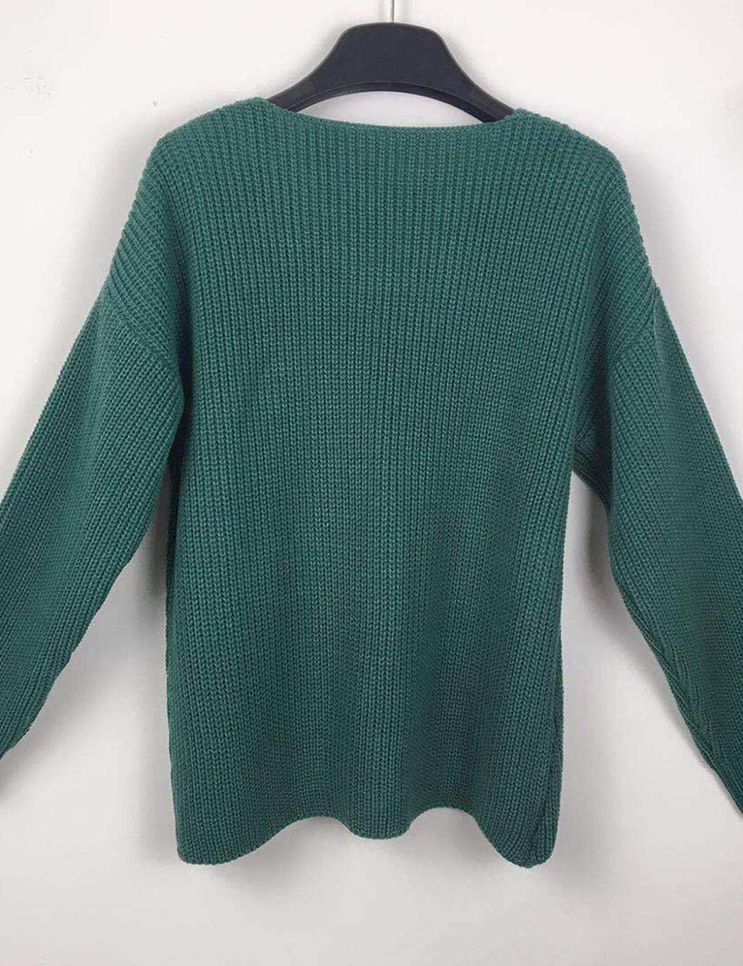 XioNiu Women Winter V Neck Sweater Knitted Solid Color Jumper Sweater Pullovers Green