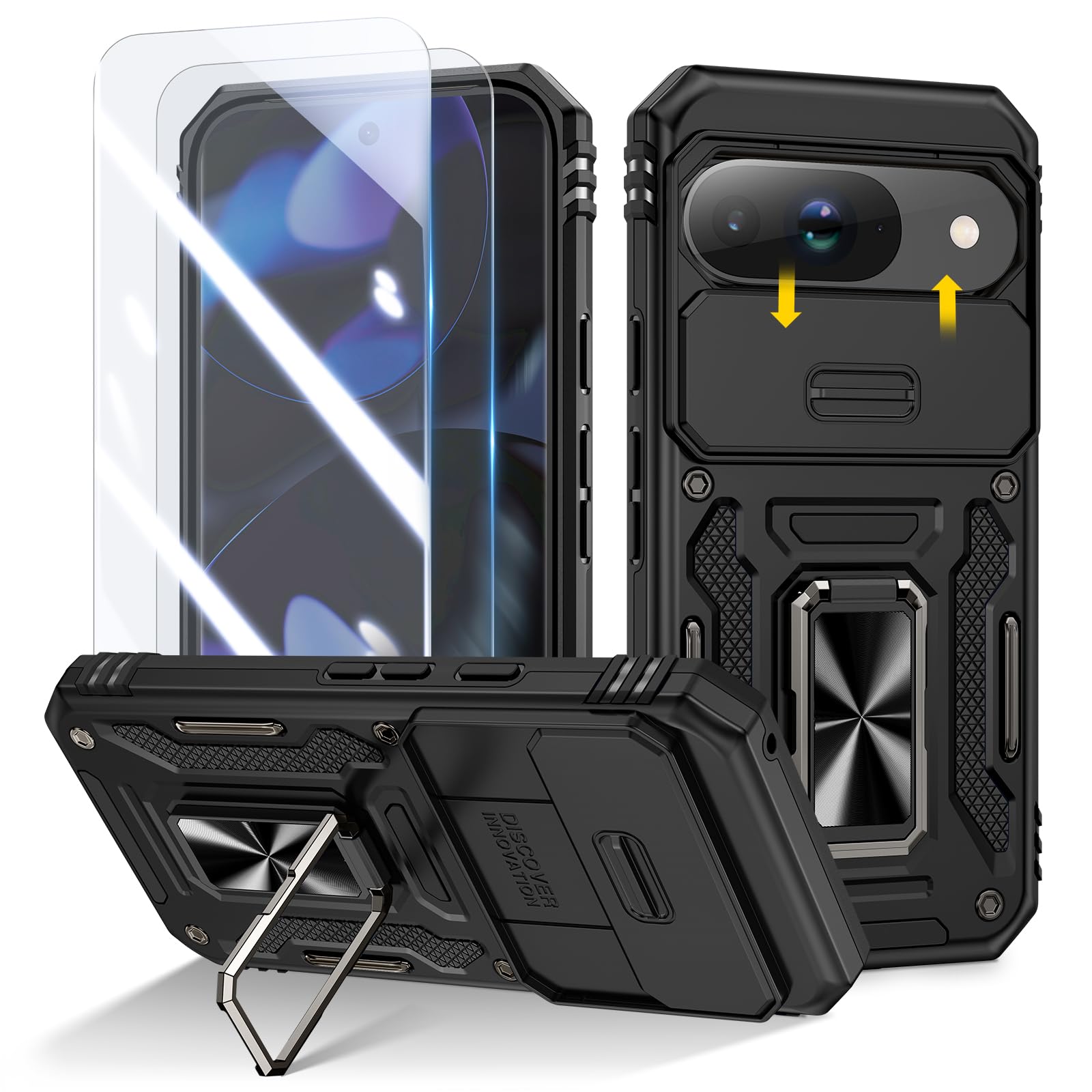 Doeshine for Google Pixel 9/9 Pro Case, 2 Pack Screen Protector, with Magnetic Ring Kickstand & Slide Camera Cover, Shockproof Military Drop Protection Cases for Google Pixel 9/9 Pro 5G (Black)