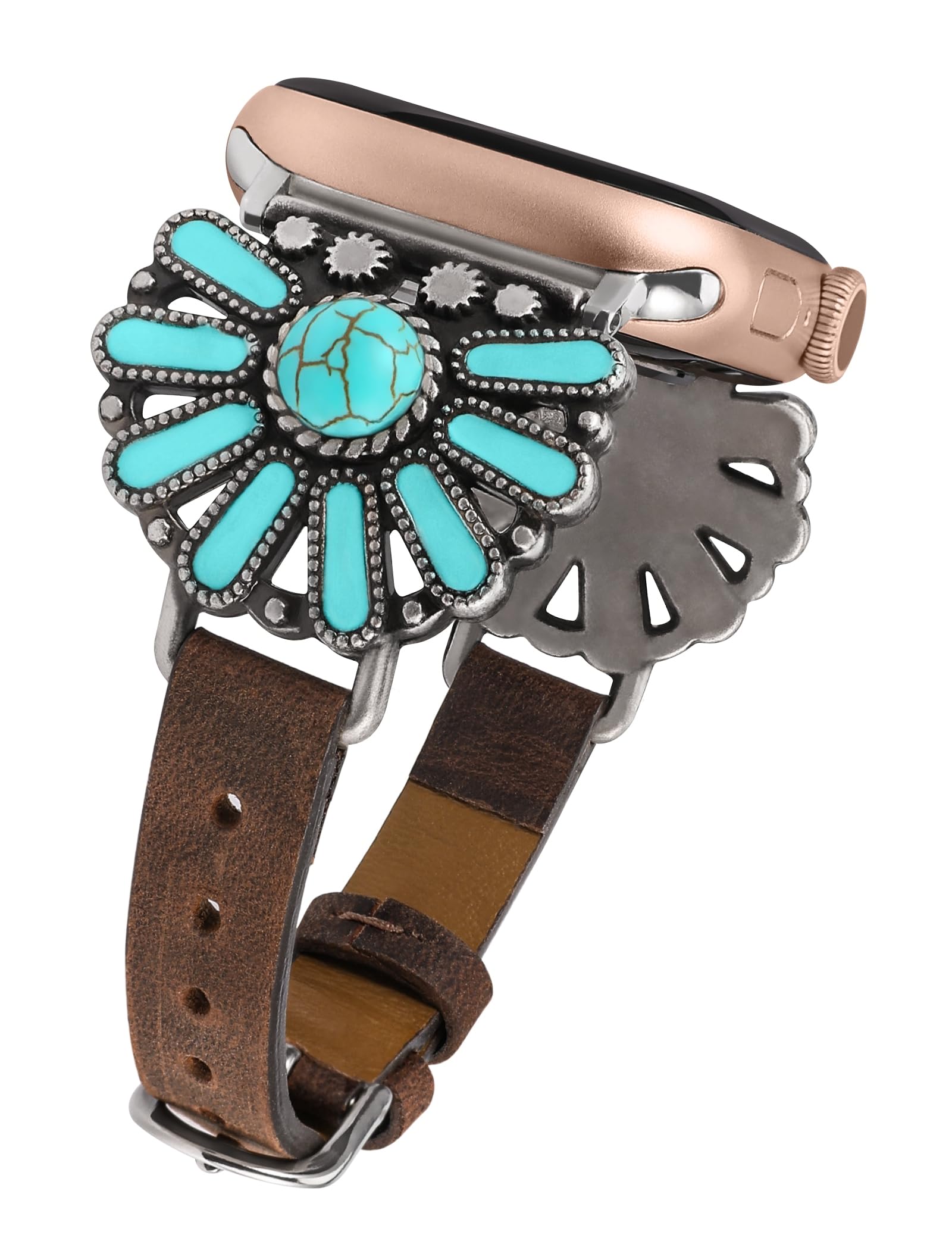 W-RARA Leather Band Compatible with Apple Watch Band Women 38/40/41/42/44/45/46/49mm, Boho Western Vintage Turquoise Ethnic Antique Style Strap for iWatch Series Ultra 3 SE 11 10 9 8 7 6 5 4 3 2 1