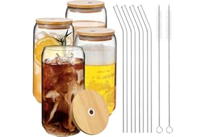 YMQAHWY 4Pcs Set Drinking Glasses with Bamboo Lids and Glass Straw, 16oz Can Shaped Glass Cups, Beer Glasses, Iced Coffee Cups, Glass Tumbler Include 2 Cleaning Brushes, Great for Cocktail,Gifts