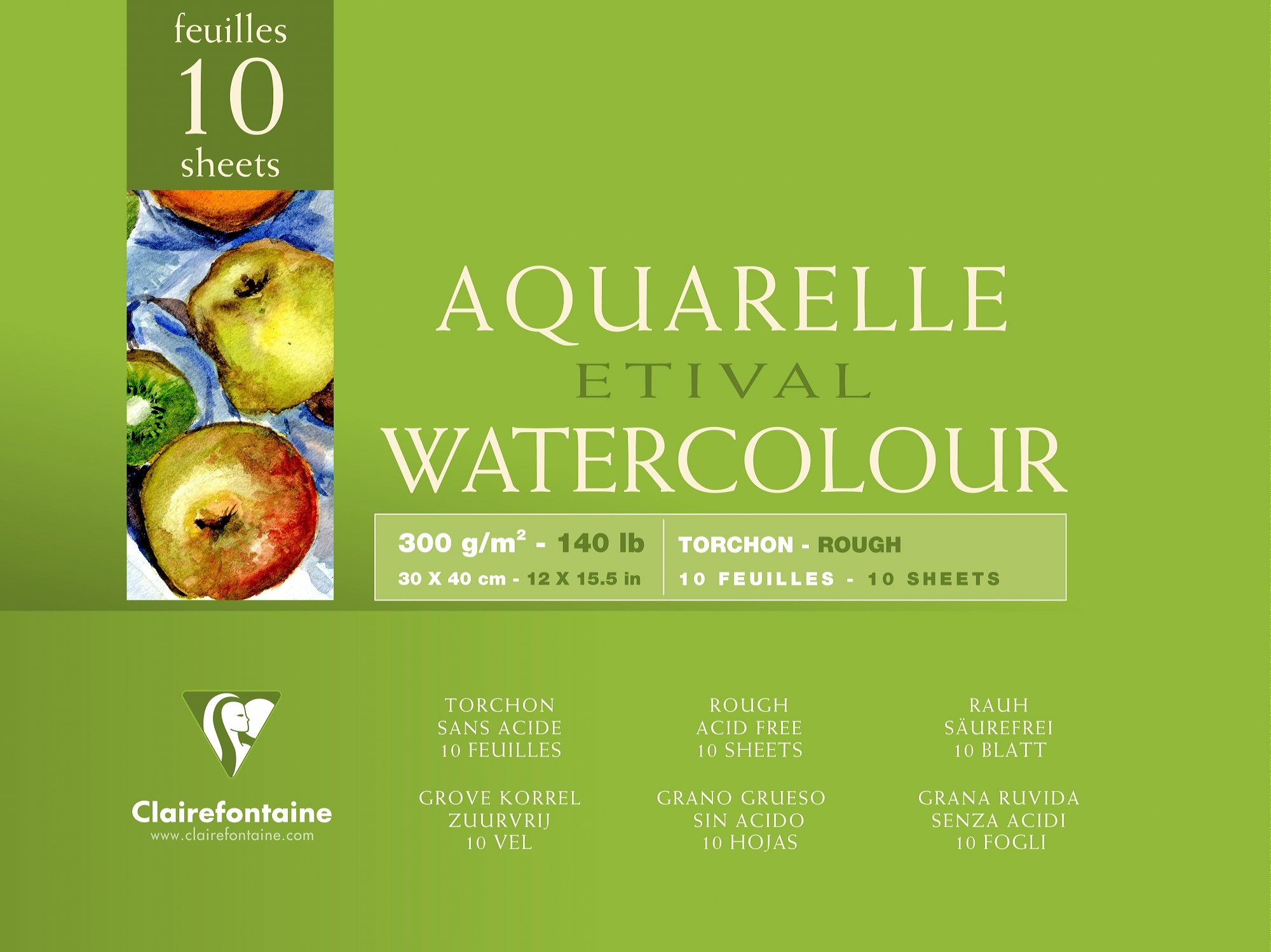 Clairefontaine - Ref 96562C - Etival Rough Grained Pad (10 Sheets) - 30 x 40cm Size, Acid Free, pH Neutral, 300gsm Paper - Suitable for Watercolour Artwork