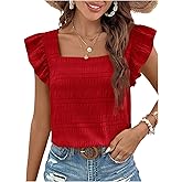 Floerns Women's Ruffle Cap Sleeve Square Neck Textured Summer Blouse Tops