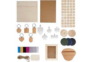 OUYZGIA Laser Engraving Material Box kit, 124 Pcs of DIY Materials for Laser Engraver with Metal Business Cards Wooden Cubes Plywood Dog Tags Photo Frames Keychains Hang Tags Leather Coasters