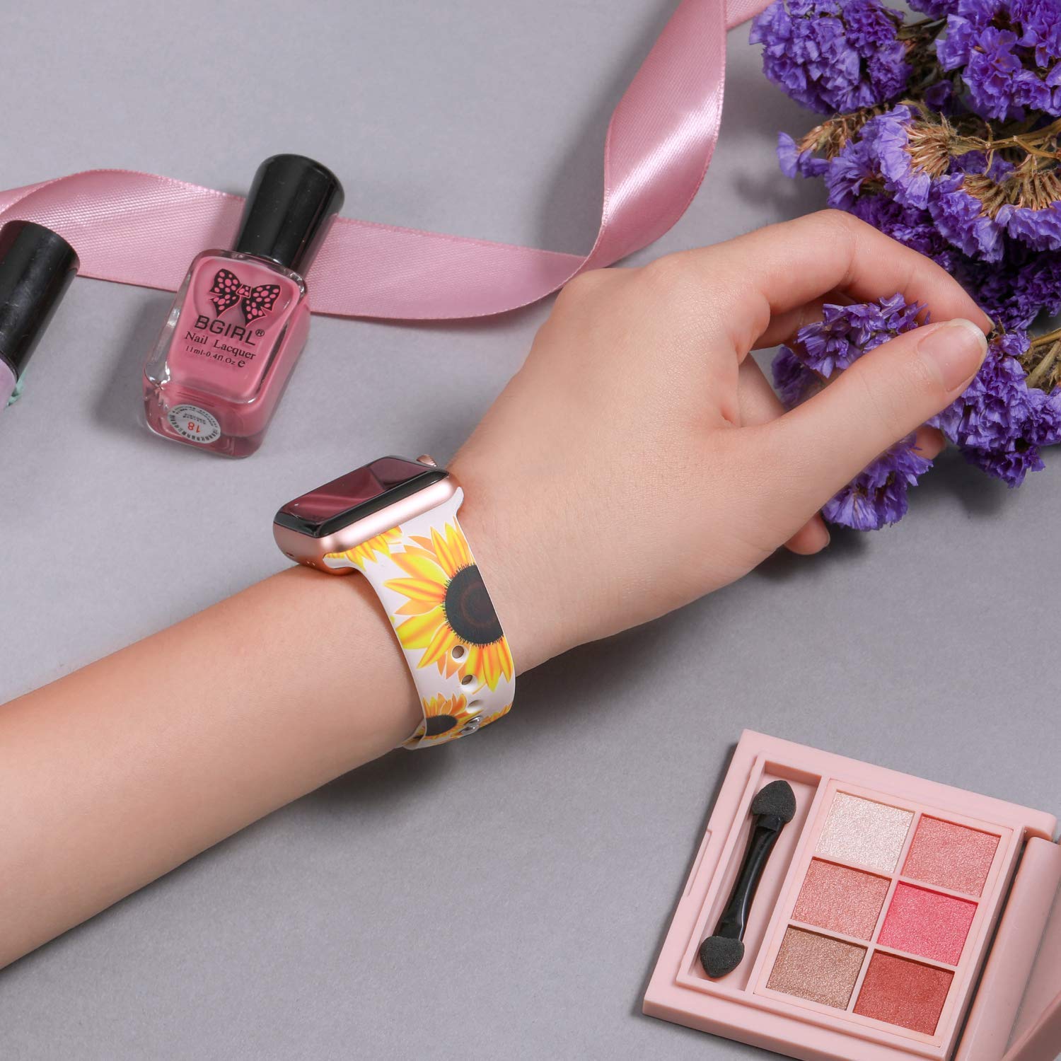 Premium Soft Silicone Band Compatible with Apple Watch Replacement for iWatch Strap Series 5 4 3 2 1 Black Red Green 38/40 42/44 (Sunflower-White, 38mm/40mm)