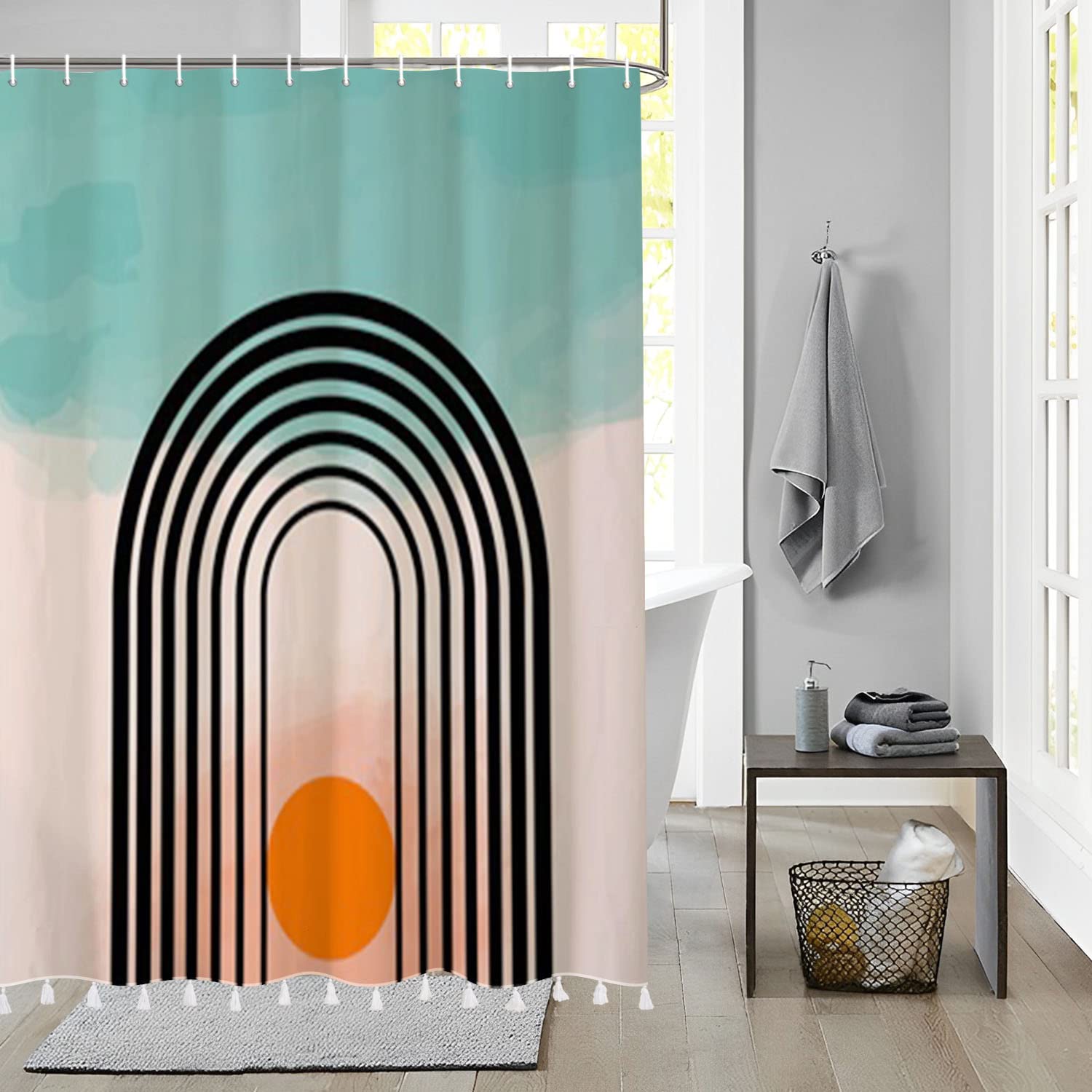 Bovlleetd Arched Sunset Shower Curtain with Tassel Mid Century Abstract Shower Curtain 12 Hooks Bathtub Decoration Blue and Beige Bathroom Curtain with Tassel Set Washable Bath Curtain 60x72inch — image 1