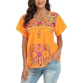 YZXDORWJ Women's Embroidered Tops Mexican Peasant Blouse Cotton Boho Tunic | Summer Short Sleeve Floral Embroidered Crew Neck Loose T Shirts