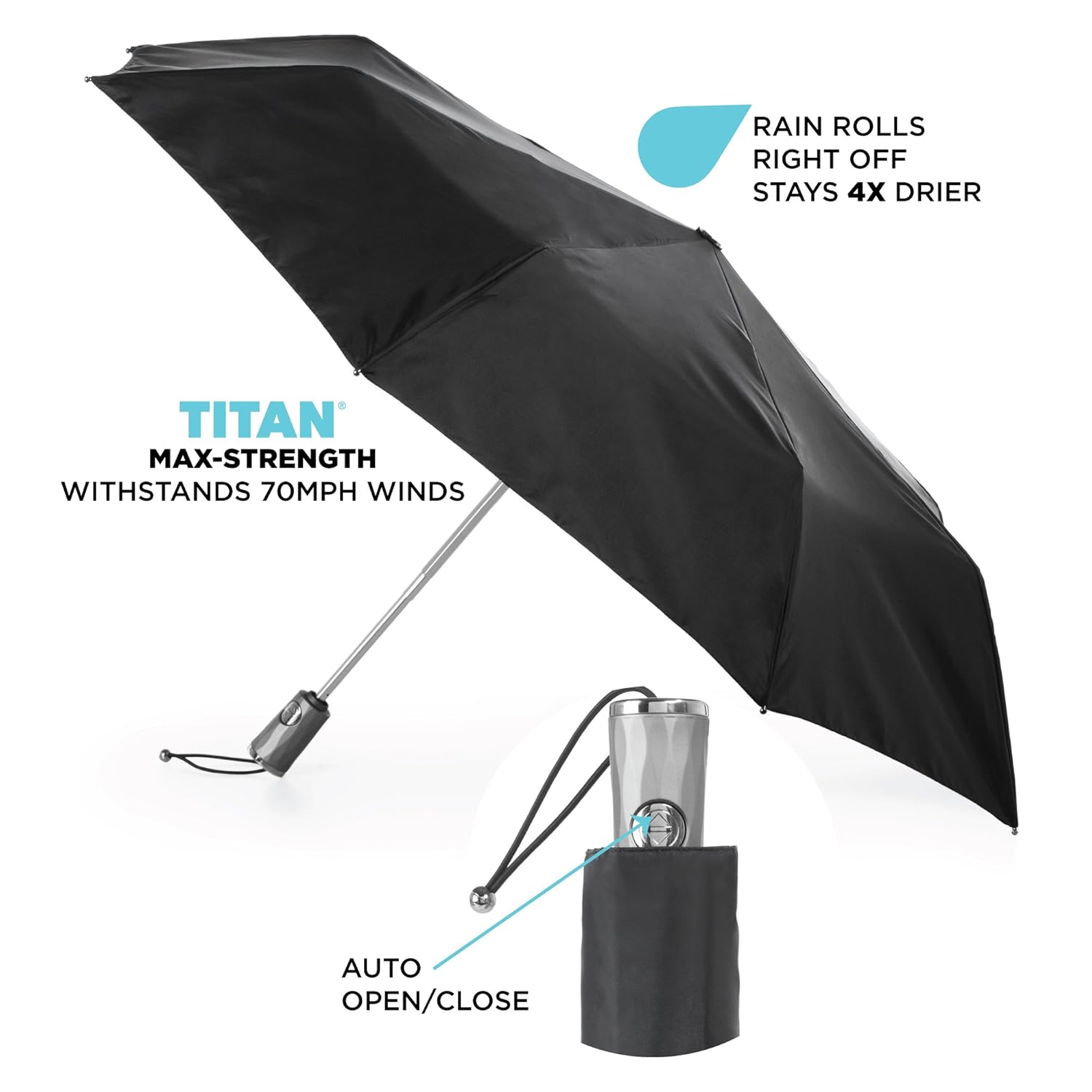 totes Titan Auto Open Close Umbrella Folding Windproof & Water