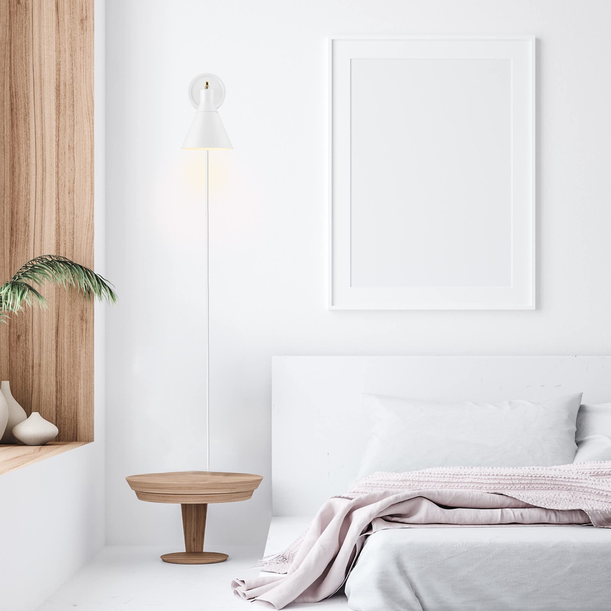 Globe Electric 65542 1-Light Dimmable Plug-in or Hardwire Wall Sconce, Matte White, Brass Accent, Stepless Dimming Rotary Switch on Canopy, White Fabric Cord, Wall Lighting, Bulb Not Included
