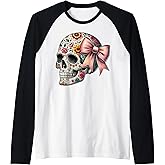 Floral Sugar Skull Graphic Girls Women Sugar Skull Flower Raglan Baseball Tee