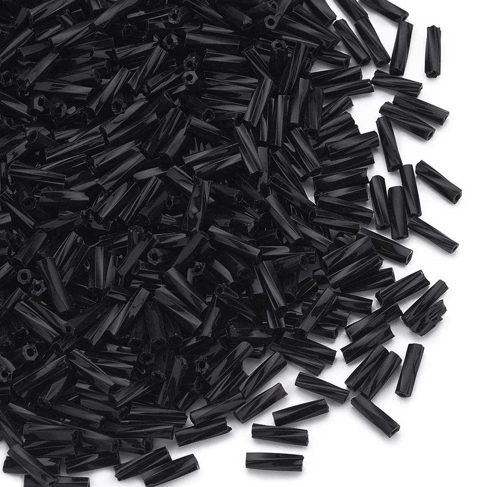 Pandahall 1250pcs/50g Glass Twist Bugles Seed Beads 6x1.8mm Tube Loose Glass Seed Spacer Bead for Jewelry Making (Black)