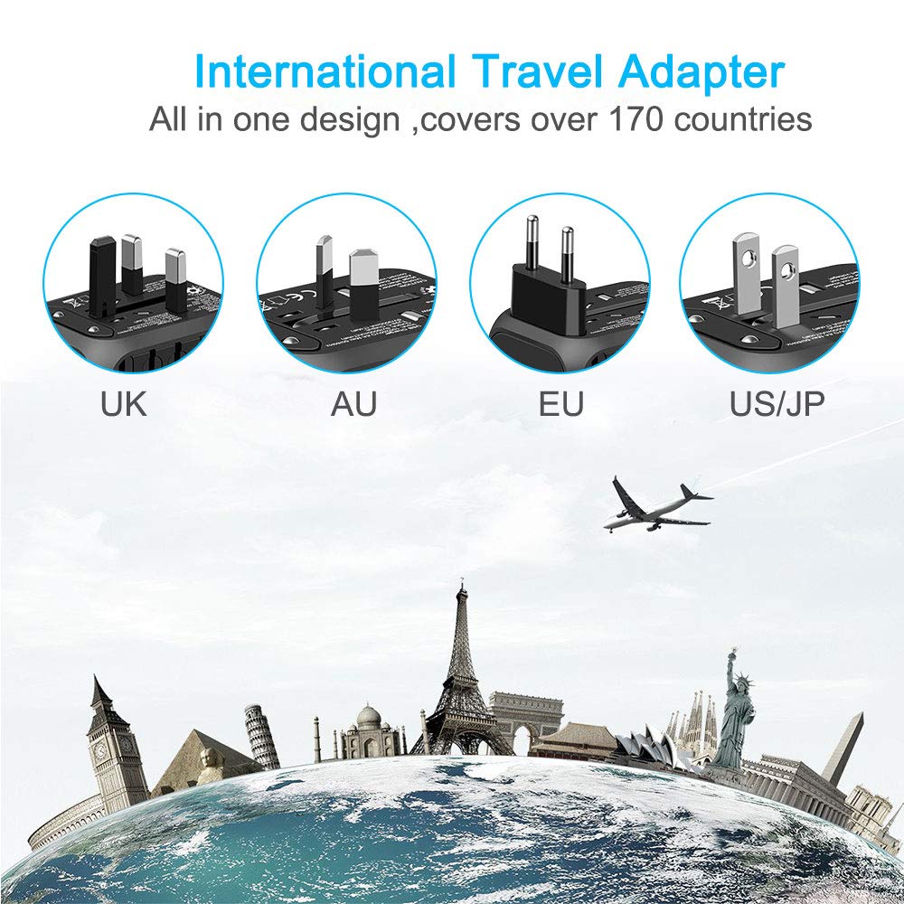 BOLWEO International Travel Adapter with Auto-Reset Fuse, Universal Power Adapters Worldwide US UK EU AU Plug 5A Output, 1 Type C, 3 USB Power Converter AC Outlet Wall Charger (Black)