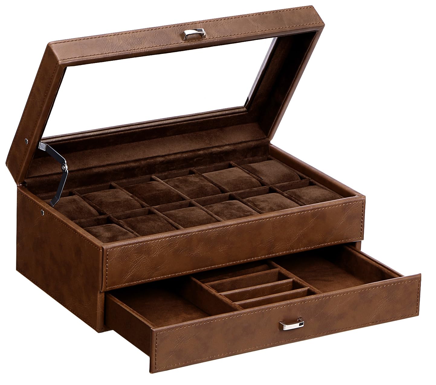 BEWISHOME Watch Box for Men, 12-Slot Watch Case, 2-Layer Watch Case With Drawer, Mens Jewelry Box with Large Glass Lid, Watch Display Case Watch Holder Organizer Watch Storage for Men Women Espresso