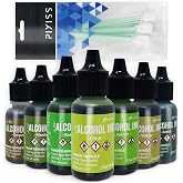 Greens Alcohol Inks Set | Tim Holtz Alcohol Inks Shades of Green 7-Pack | Willow, Citrus, Bottle, Oregano, Meadow, Limeade, Botanical | 10 Pixiss Alcohol Ink Blending Tools