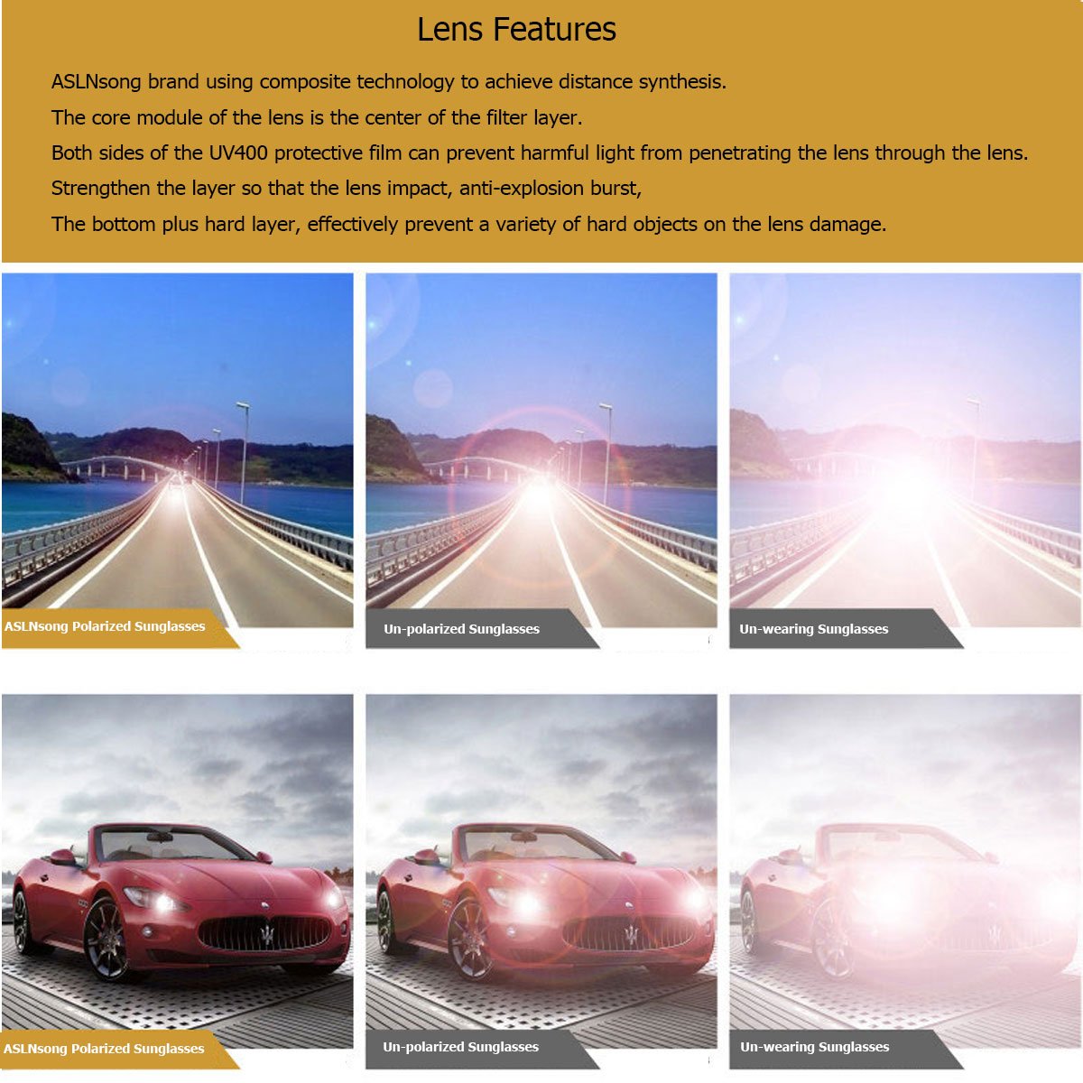 ASLNsong Aviator Sunglasses Polarized Mirrored Fishing Driving Golf(Gold Frame/Purple Lens)