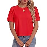 YUCOLEN Women's Crop Tops Summer Short Sleeve Cotton UPF 50+ Round Neck Casual Loose Cropped T-Shirts Solid Basic Tees