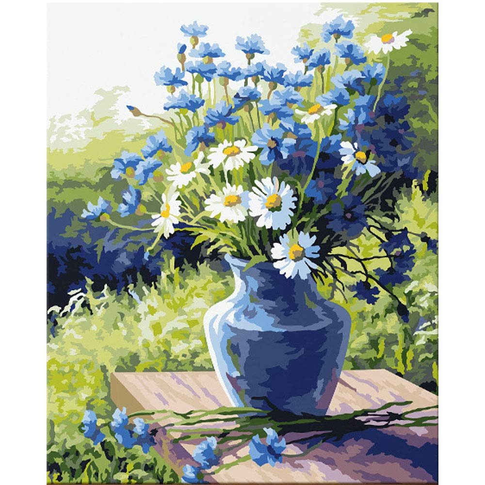 DIY Oil Paint by Numbers for Adults Beginner Paint by Number Kits - Blue Flower Pot with Wild Flowers 16x20 Inch (Blue Daisy)