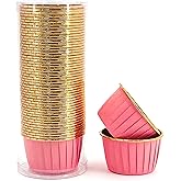 Party Hippo Foil Muffin Liners, 3.5 Oz 50 Pcs Disposable Cupcake Baking Cups, Gold Aluminum Ramekin Holders, Little Baking Cups (Pink)
