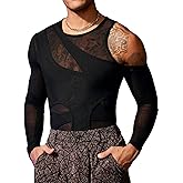 WDIRARA Men's Cut Out Cold Shoulder mesh Solid Round Neck Long Sleeve tee Shirts