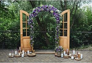 Leyiyi Purple Wedding Arch Backdrop 7x5ft Photography Background Outdoor Wedding Ceremony Wedding Reception Vintage Wooden Door Candle Nature Brick Floor Kids Adults Photo Props