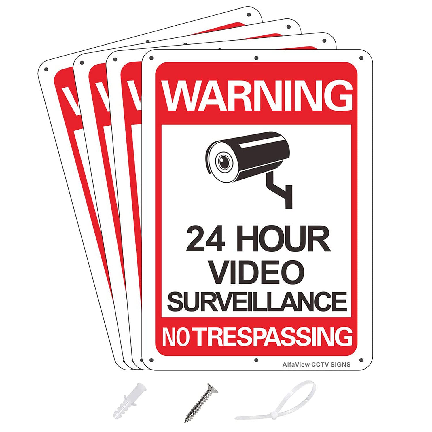 AlfaView Video Surveillance Sign, CCTV Security Alert Sign 10"x 7" 0.40 Aluminum 24 Hour Surveillance No Trespassing Metal Reflective Warning Sign, UV Protected & Waterproof for Indoor/Outdoor Use(4)