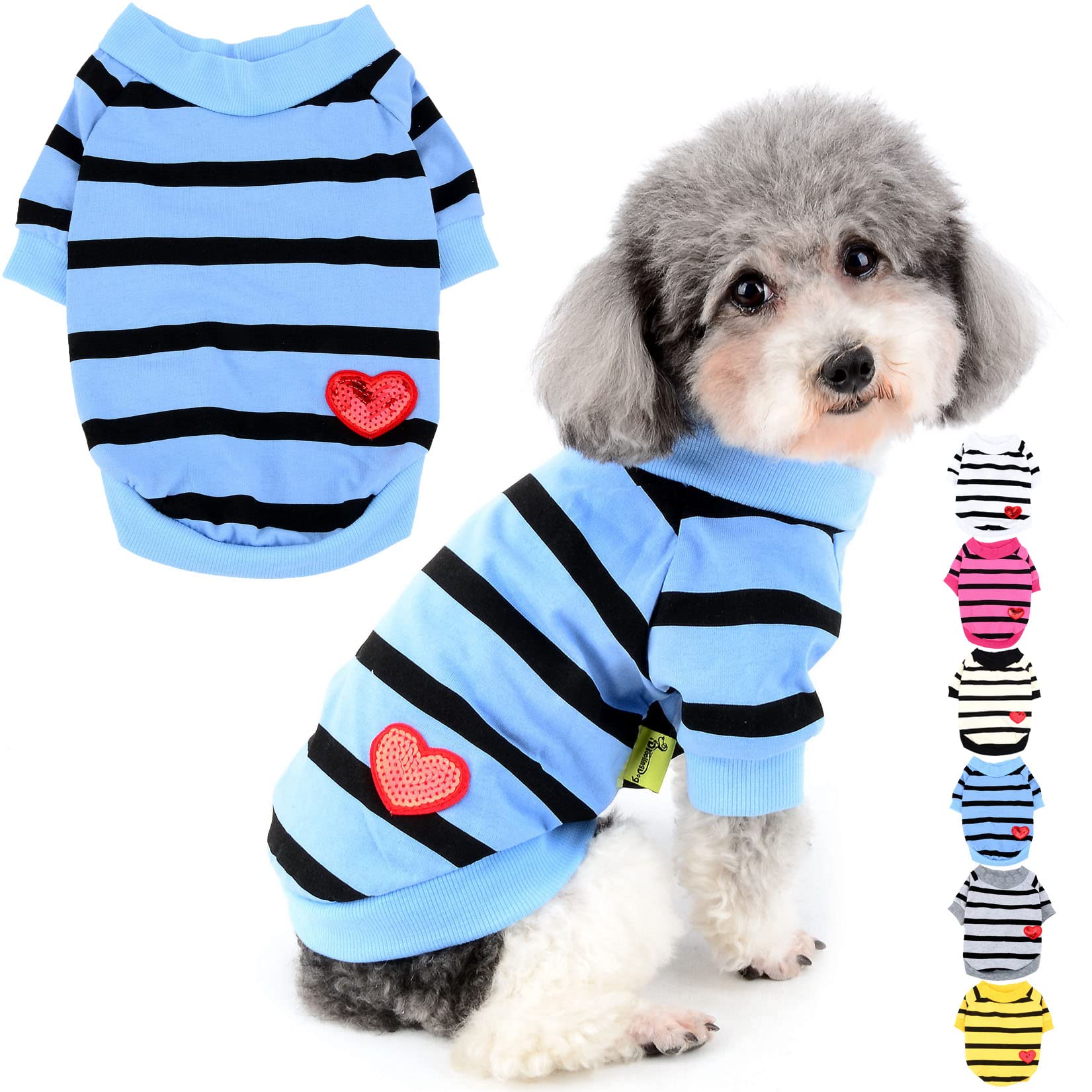 Zunea Dog Shirts for Small Dogs Summer Basic T-Shirt Striped Puppy Clothes Sequins Love Heart Sweatshirt Soft Cotton Short Sleeve Tee Shirt Pet Clothing Pullover Chihuahua Apparel Blue XL
