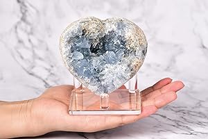 AMOYSTONE Heart Celestite Crystals Natural Healing Crystal Blue Geode Raw Celestite Clusters Large Crystal Stone for Reiki, Gifts, Decor with Plastic Stand 3.6"-4"