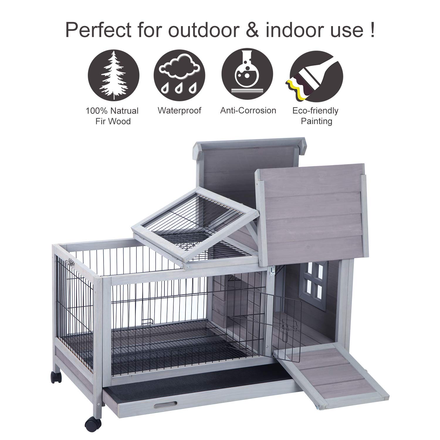  Aivituvin Rabbit Hutch Outdoor and Indoor on Wheels, Wooden Bunny
