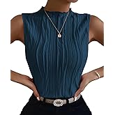 Poetsky Womens Summer Textured Tank Tops Sleeveless Mock Neck Tank Slim Fit Shirt Blouse