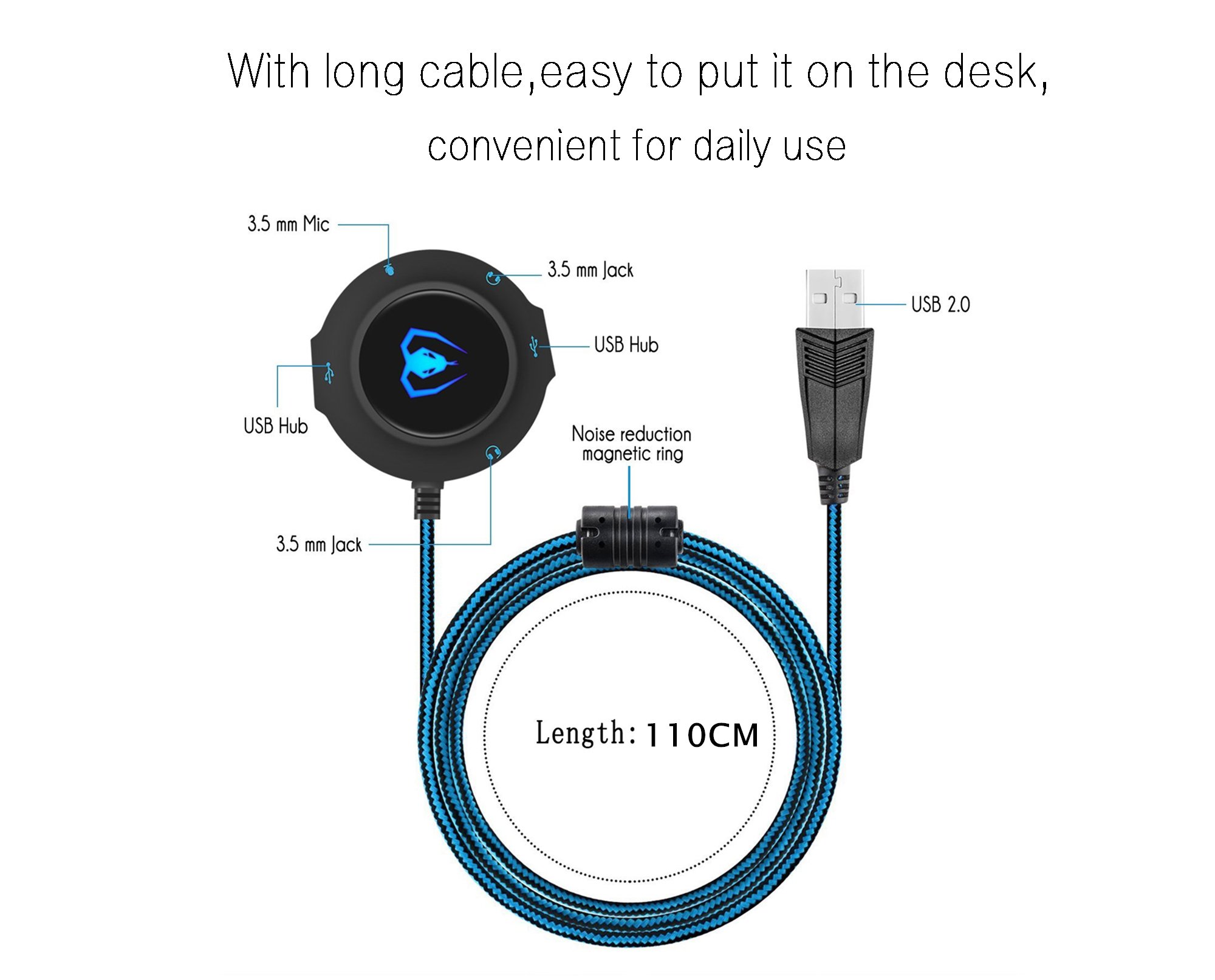 Micolindun External Sound Card USB Hubs Audio Adapter to USB Port & 3.5mm Audio & Micro Jack for PC Laptop. Plug and Play (Blue)