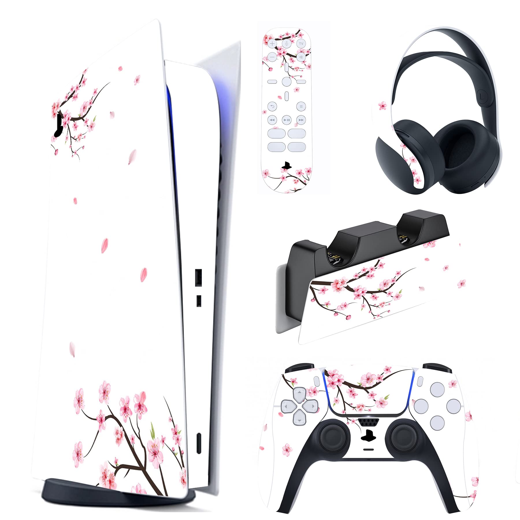 PlayVital Falling Cherry Blossom Full Set Skin Decal for ps5 Console Digital Edition, Sticker Vinyl Decal Cover for ps5 Controller & Charging Station & Headset & Media Remote