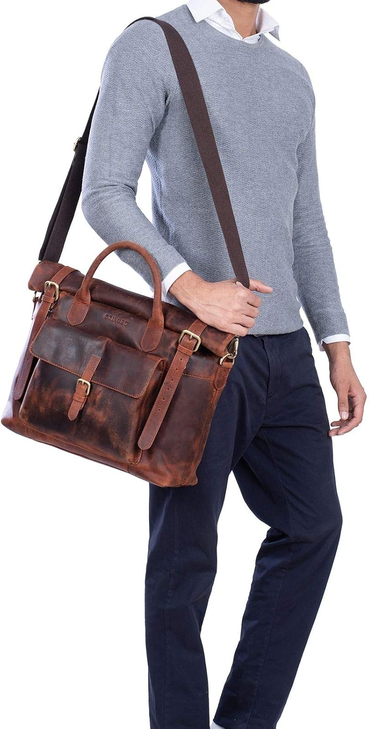 STILORD 'Jascha' Business Bag Men Women Leather Vintage Portfolio for A4 Folder 13,3' Satchel in Genuine Leather, Colour:Prato - Brown - Image 3